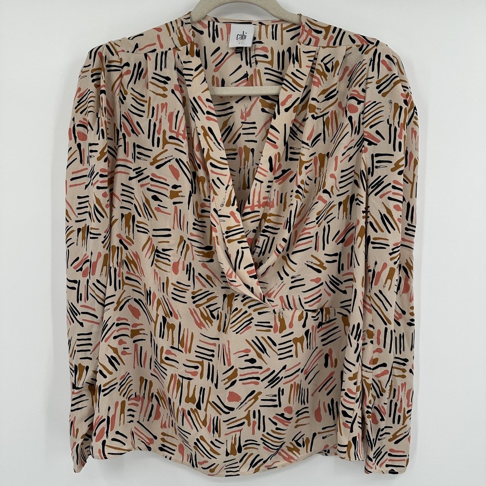 cabi Shirt Womens Medium Beige Abstract Print Draped Cowl Neck Long Sleeve Multi